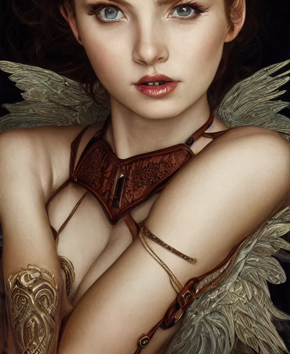 Prompt: a highly detailed portrait of an angel wearing intricate leather suspenders, honey birdette, realistic portrait, deep focus, matte, digital painting, artstation, hearthstone, concept art, smooth, sharp focus, cinematic lighting, art by artgerm and greg rutkowski and alphonse mucha, araki nobuyoshi, anders petersen