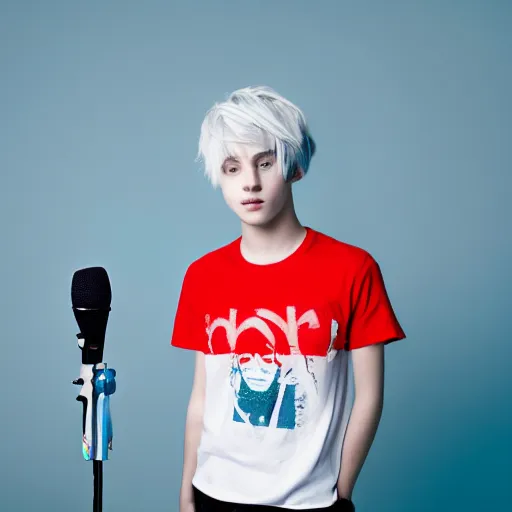 Image similar to a portrait of a teenager with cyan colored hair, white t - shirt with a no symbol on it, blue long pants and red shoes, holding a microphone, studio lighting, photoshoot, grey backdrop