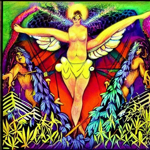 Image similar to ! dream elements of nature, angels and demons, hemp, bright colors, degenerate art