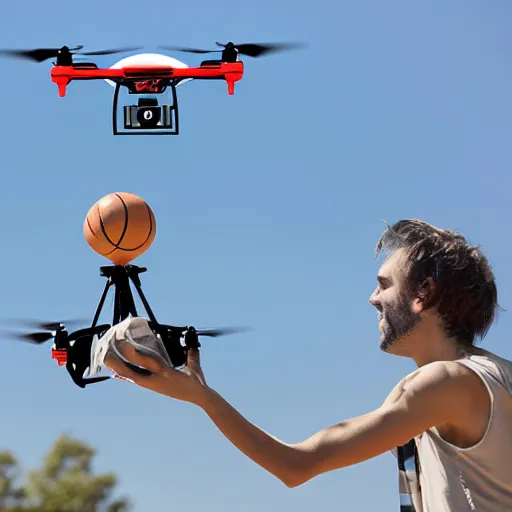 Image similar to flying drone robot with basketball hoop on drone robot body