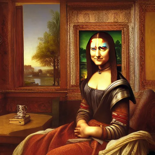 Image similar to Monalisa is sitting on her living room couch. She is dressed casually and is watching TV, Regal, Realistic, Refined, Detailed Digital Art, Josephine wall, Oil Painting, William-Adolphe Bouguereau, Art Frahm, Esao Andrews, Steampunk, Walt Disney (1937), Highly Detailed, Cinematic Lighting, Unreal Engine, 8k, HD