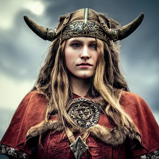 Prompt: beautiful Viking queen with ornate cloak, highly detailed, 4k, HDR, smooth, sharp focus, hyper realistic, high resolution, award-winning photo