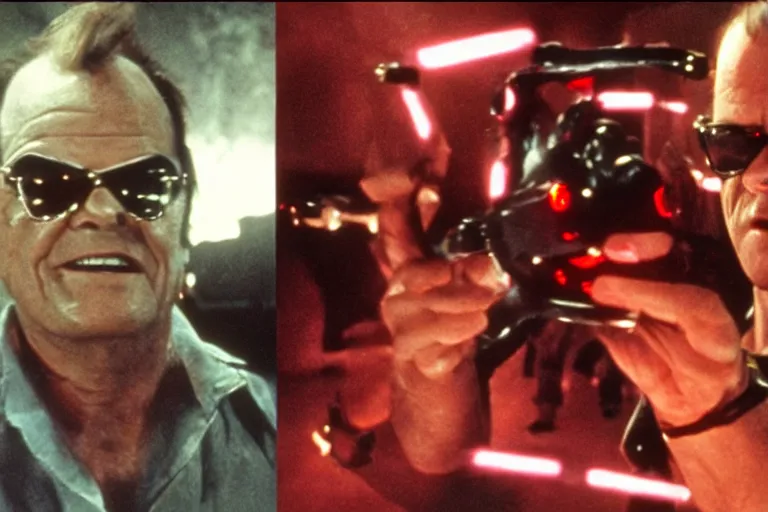 Image similar to Jack Nicholson plays Pikachu Terminator, action scene where his endoskeleton gets exposed and his eye glows red, still from the film