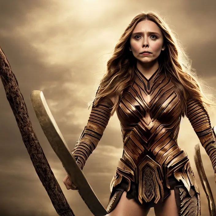 Prompt: professional full body photograph of elizabeth olsen as an amazon warrior. Extremely detailed. 8k