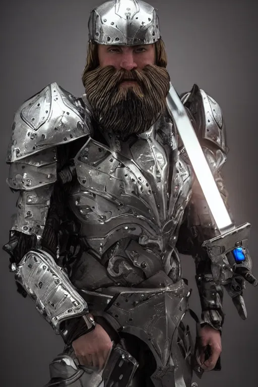 Image similar to bearded man in sleek mech armor and holding an energy sword. highly detailed, intricate. hyper realistic.