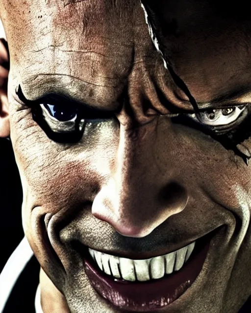 Image similar to Film still close-up shot of Dwayne The Rock Johnson as The Joker from the movie The Dark Knight. Cinematic, Photographic, photography