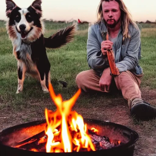 Prompt: photo of hillbilly with long blonde hair and his australian shepherd around a bonfire, symmetric face