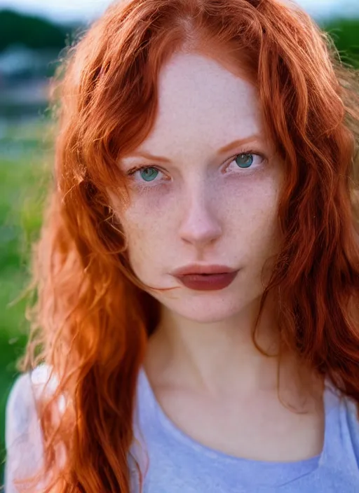 Image similar to close up portrait photograph of a thin young redhead woman with russian descent, sunbathed skin, with deep blue eyes. Wavy long maroon colored hair. she looks directly at the camera. Slightly open mouth, face takes up half of the photo. a park visible in the background. 55mm nikon. Intricate. Very detailed 8k texture. Sharp. Cinematic post-processing. Award winning portrait photography. Sharp eyes.