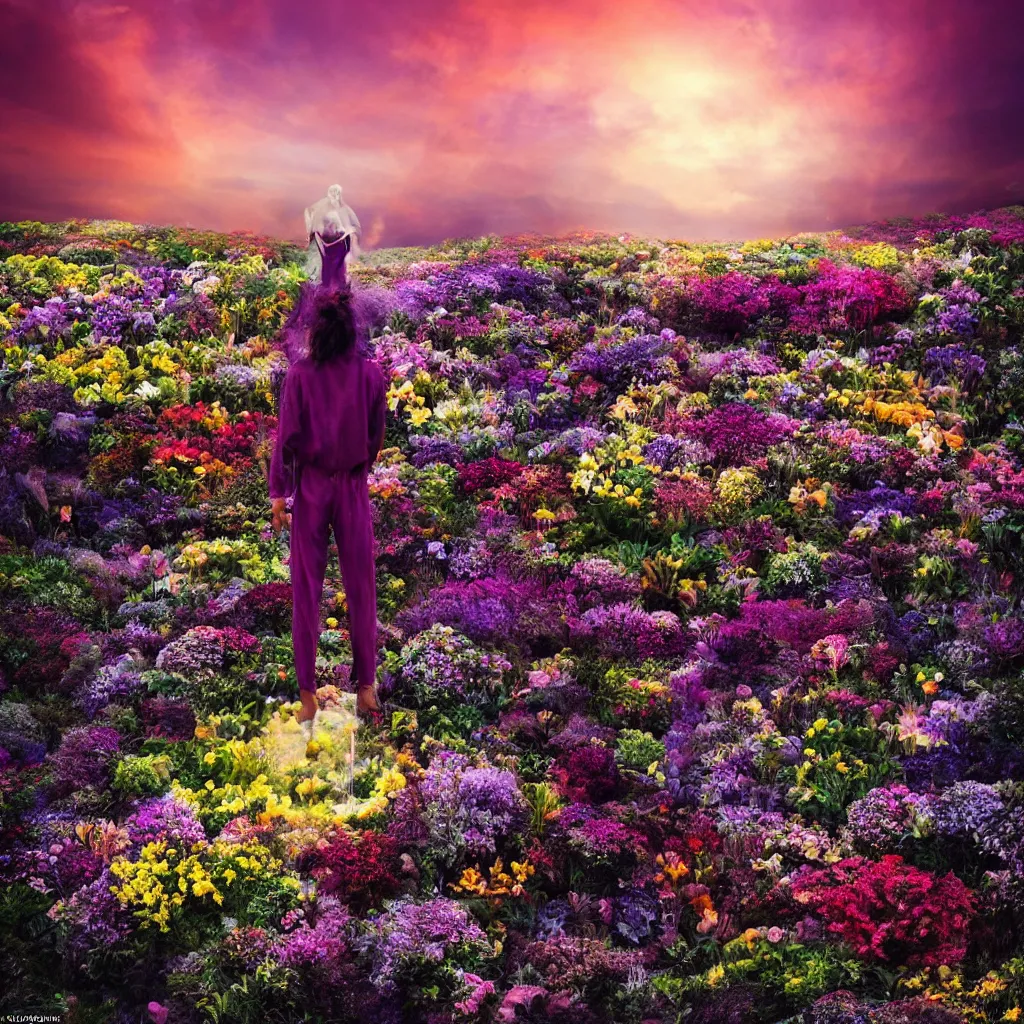 Image similar to a planet of various flowers, fungus and plants, in which the human figure is dressed in something magical and impressive, inside the picture is infinity, sunset light, Atmospheric phenomenon, artistic photography, muted colors, conceptual, long exposure outside the city