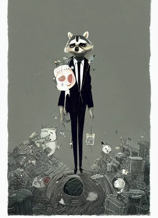 Image similar to a dramatic illustration portrait of an anthropomorphic raccoon mob boss, by victo ngai, by stephen gammell, by george ault, in the style of animal crossing, artstation