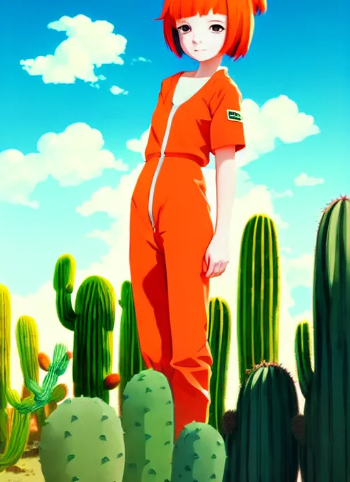 Prompt: portrait of cute redhead girl in orange jumpsuit with fox ears by ilya kuvshinov, holding a cactus, cloudy sky background lush landscape illustration concept art anime key visual trending pixiv fanbox by wlop and greg rutkowski and makoto shinkai and studio ghibli