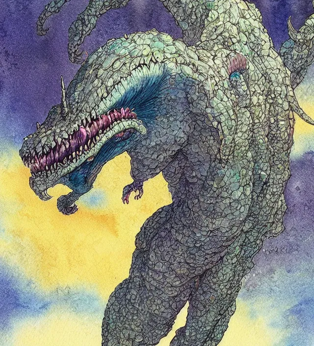 Image similar to a watercolor ink painting of a monstrous inhuman kaiju goddess of natural - disasters in the style of jean giraud in the style of moebius trending on artstation deviantart pinterest detailed realistic hd 8 k high resolution