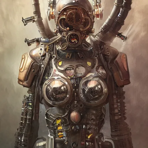 Image similar to portrait painting of a steampunk cyborg superhero, transhumanism, ultra realistic, concept art, studio ghibli, intricate details, eerie highly detailed