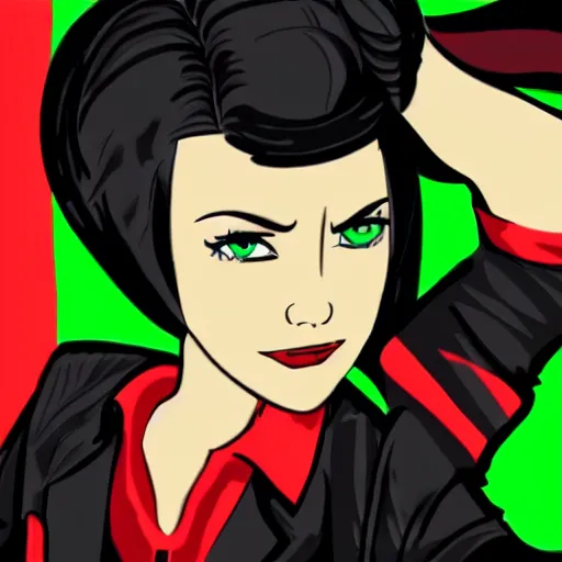 Image similar to brunette woman, short hair, flipped out hair, bright green eyes, black fascist uniform, smirk, cartoon style