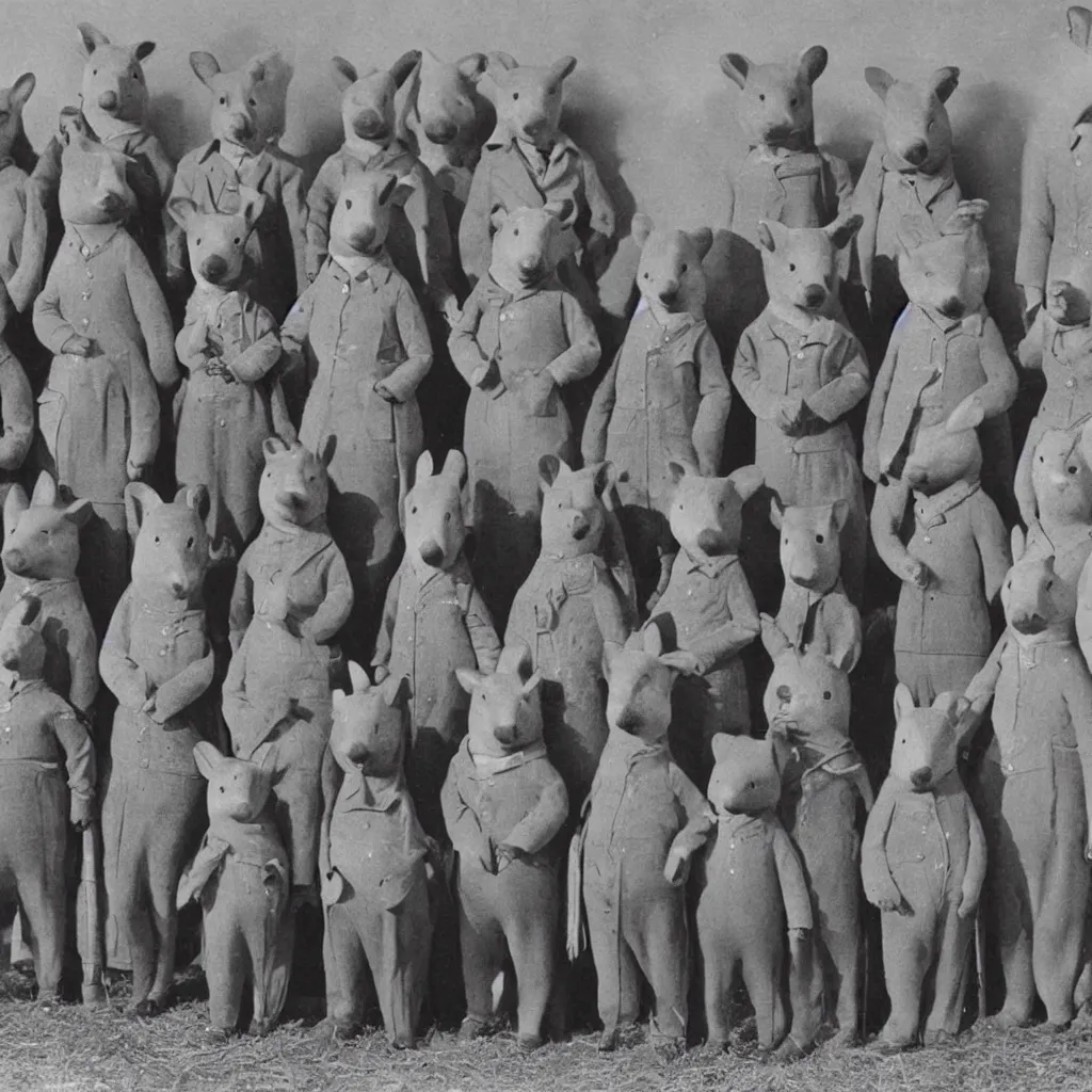 Image similar to a group of badgers in 1 9 4 0 s suits, standing upright like people, anthropomorphic, style of beatrix potter, rendered as a highly detailed photograph