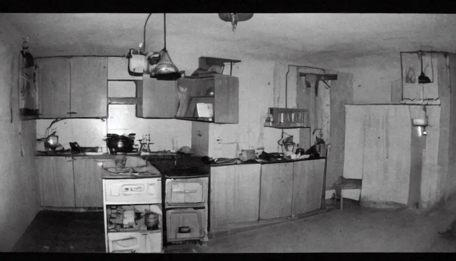 Prompt: a ai in a stalinist style kitchen, by mini dv camera, very very low quality, heavy grain, very blurry, accidental flash, webcam footage, found footage, security cam, caught on trail cam