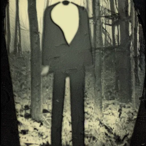 Prompt: a damaged image Slender man in the woods at night, old photography, creepy, vintage