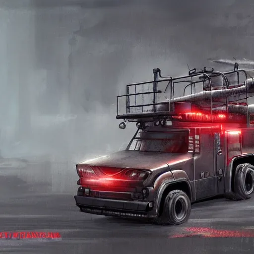 Image similar to future dystopian commercial firetruck, concept art, trending on artstation