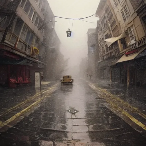 Image similar to 1 9 5 0 s town street in the middle of a rainstorm, fisheye!!!!!! lens, shot by jimmy nelson and greg rutkowski, cgsociety contest winner, intricately defined, complexly detailed, photorealistic photography, 4 k