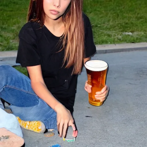 Prompt: Madison Beer drinking beer in the parking lot, realistic, sunset 😂😂😂☺️☺️☺️