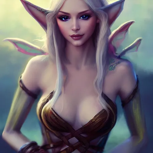 Image similar to beautiful Elf, blonde hair, dark fantasy, feminine figure, gorgeous, pretty face, beautiful body, revealing outfit, high detail, realistic, cgsociety, artgerm, trending on artstation