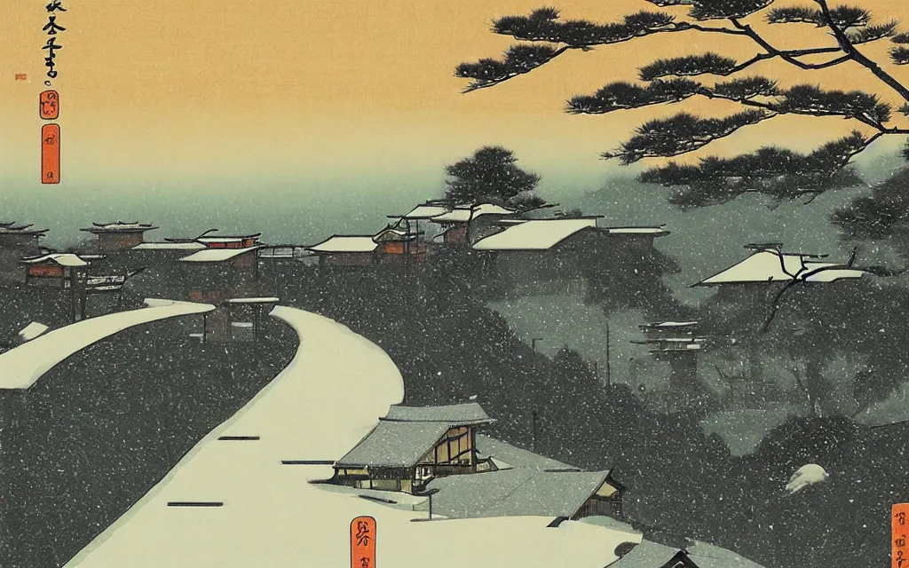 Prompt: 🌅 🌨 ❄🎋. shin - hanga.