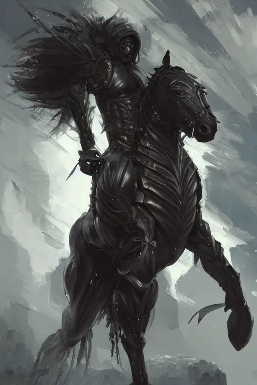 Image similar to an enormously muscular black - coated anthro horse wearing skintight armor, long white mane, high - tech facility background, highly detailed, digital painting, artstation, concept art, illustration, art by artgerm, greg rutkowski, wlop