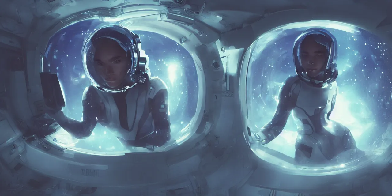 Prompt: Zoe Kravitz futuristic astronaut, outside large window of ship, helmet with clear HUD shield and led lights, underwater in the ocean at night, clear water, bubbles, volumetric lighting, glowing lights, 4k, octane, digital painting, artstation, concept art, sharp focus, illustration, high contrast, high saturation , cinematic film still, art by artgerm and greg rutkowski and alphonse mucha , wide angle view,