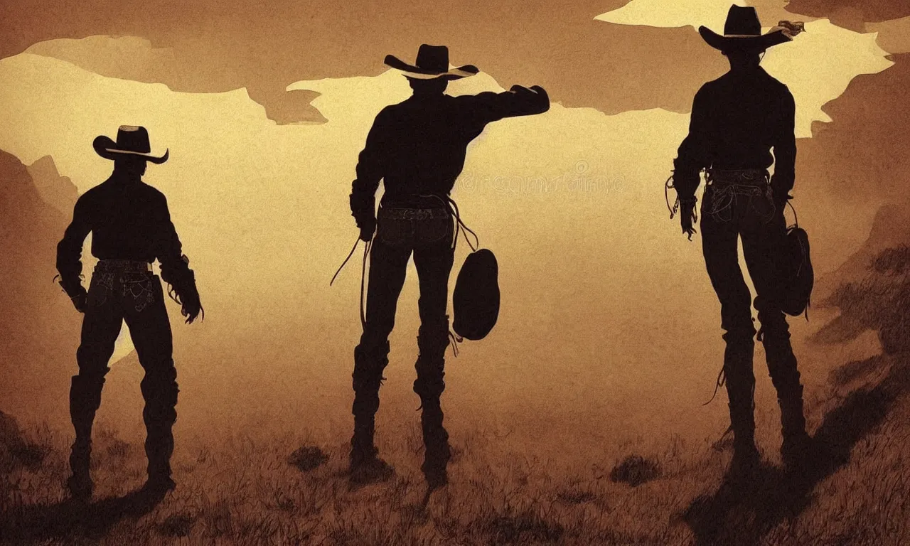 Prompt: A cowboy looking at he vastness of the plain in Western Book Illustration style, classic western novel, movie still, cinematic lighting, award-winning digital art by Jean Giraud Moebius and Frank Frazetta, you can really feel the spirit of the old west in this illustration, I can’t believe how beautiful this is, wow