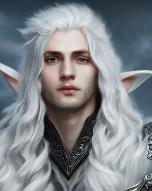 Prompt: portrait, beautiful male elf, long wavy white hair, super detailed, light black armor with silver accenting, silver jewelry, fur lined cape, 8 k, filmic, octane render, sunlight, clouds, artstation, greg rutkowski, rossdraws, william bouguereau, sharp focus