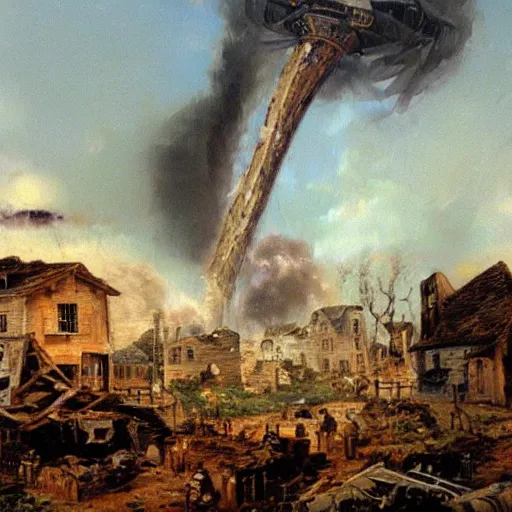 Prompt: oil painting of a village being destroyed by a giant alien