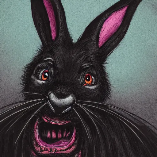 Image similar to A extremely highly detailed majestic hi-res beautiful, highly detailed head and shoulders portrait of a scary terrifying, horrifying, creepy black cartoon rabbit with scary big eyes, earing a shirt laughing, hey buddy, let's be friends, in the style of Walt Disney