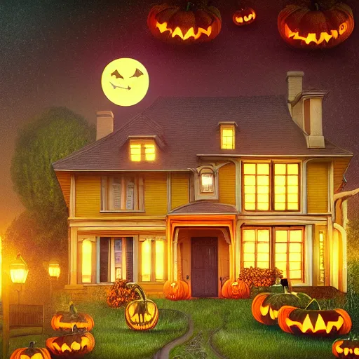 Prompt: digital Illustration of a Halloween house on a round small hill. Glaring lights coming out of the windows. backlit house, moon shining onto the house. Cinematic lighting, movie poster. Award winning digital illustration trending on artstation. art nouveau in the style of Émile Gallé. Very detailed and beautiful digital art