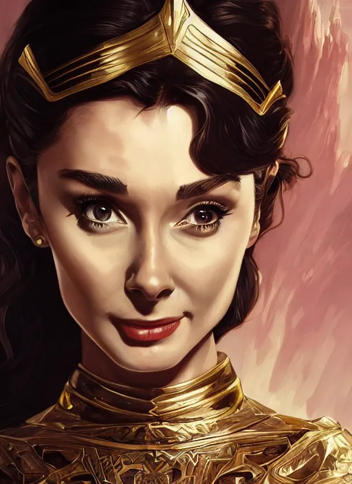 Image similar to Audrey Hepburn as wonder woman, fantasy, intricate, elegant, highly detailed, digital painting, artstation, concept art, smooth, sharp focus, illustration, art by artgerm and greg rutkowski and alphonse mucha