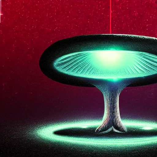 Prompt: mushroom ufo logo on black background, 3d, trippy glitched digital art, artstation, cgsociety