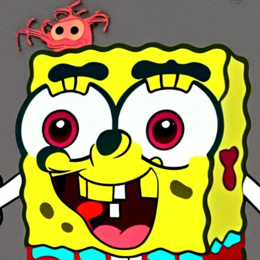 Image similar to spongebob with a horrific face expression, detailed, disgusting