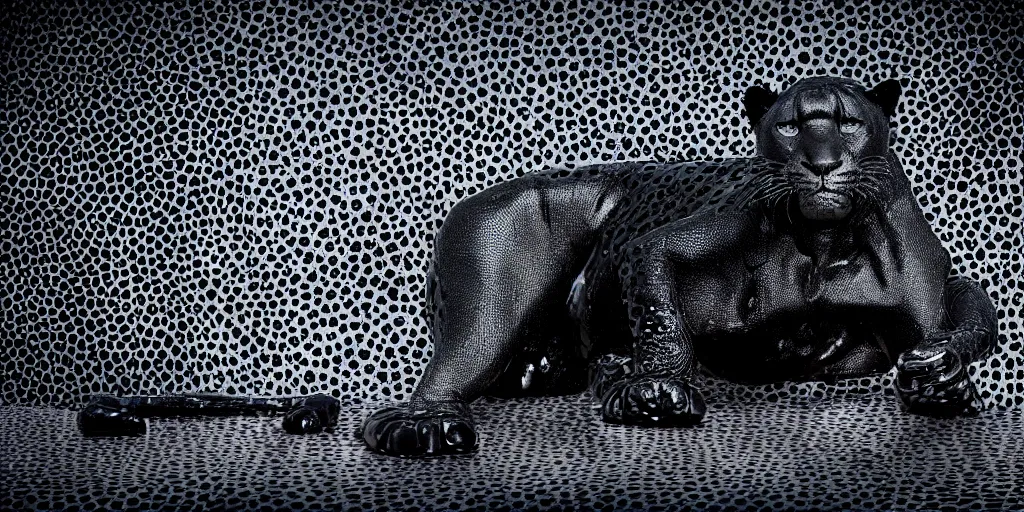 Image similar to the smooth black jaguar, made of ferrofluid, laying on the couch in the living room after bathing in the ferrofluid. photography, dslr, rimlight, wrinkles, reflections, black goo