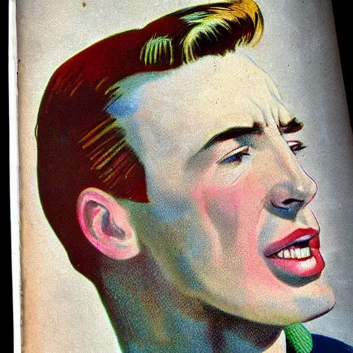 Prompt: “Chris Evans portrait, color vintage magazine illustration 1950”