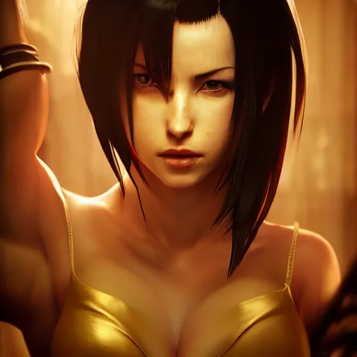 Image similar to Seductive Tifa Lockhart portrait, full frontal centred, atmospheric lighting, painted, intricate, volumetric lighting, beautiful, golden hour, sharp focus, ultra detailed, by Leesha Hannigan, Ross Tran, Thierry Doizon, Kai Carpenter,Ignacio Fernández Ríos