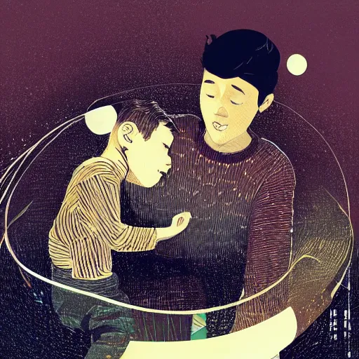 Image similar to a son imitate his father, illustration by victo ngai