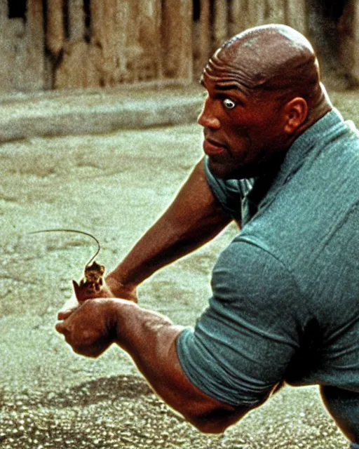 Image similar to film still close - up shot of dwayne johnson as john coffey petting a mouse in the movie the green mile. photographic, photography