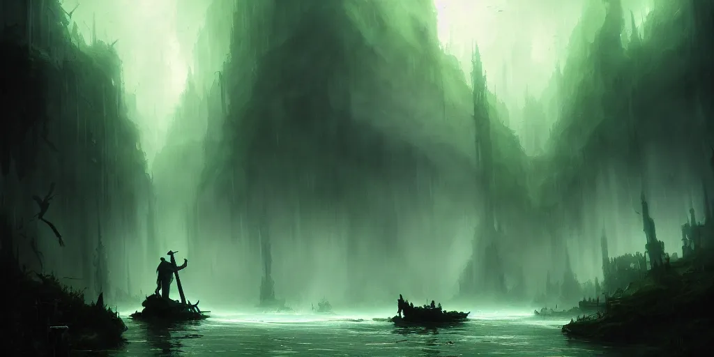 Image similar to magical subterranean river styx, a man in a cape on a boat with a sword, ethereal swirling green mist, dramatic lighting, magical atmosphere,, gothic illustration, greg rutkowski, andreas rocha, ashley wood, soft edges, low detail, trending on artstation