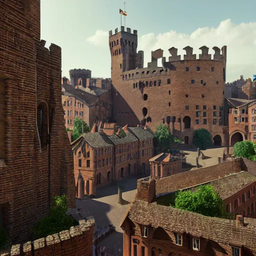 Image similar to Aerial wide long shot of distant epic medieval city of epic stone-brick buildings with european arched doorways, crenellated balconies, wood ornaments, flagpoles, tiny ornate windows, planned by Syd Mead, Alpine scenery, Hyper photorealistic, Arnold Render, Quixel Megascans