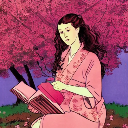 Image similar to beautiful ittle girl with long curly red hair dressed in a pink kimono and sitting next to a tree while reading a book, artwork made in western comic art style inspired in balthus, anatomically correct, higher details