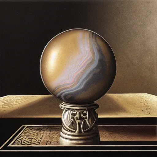 Image similar to in the center lays an ancient chromed artifact in the shape of a heavy signet ring, ornate with gentle shine from within. the ring lays on top of a marbled pedestal. the pedestal is in front of a dark misty balcony at night perspective from the side. realistic light and shadows. moody fantasy art, table still life renaissance pastel painting.
