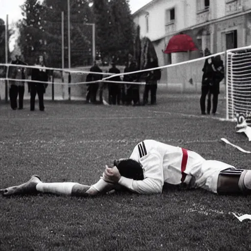 Prompt: a crime scene where a bayern munchen player has been butchered down by a football player from paris saint germain, wide shot, in the style of gregory crewdson