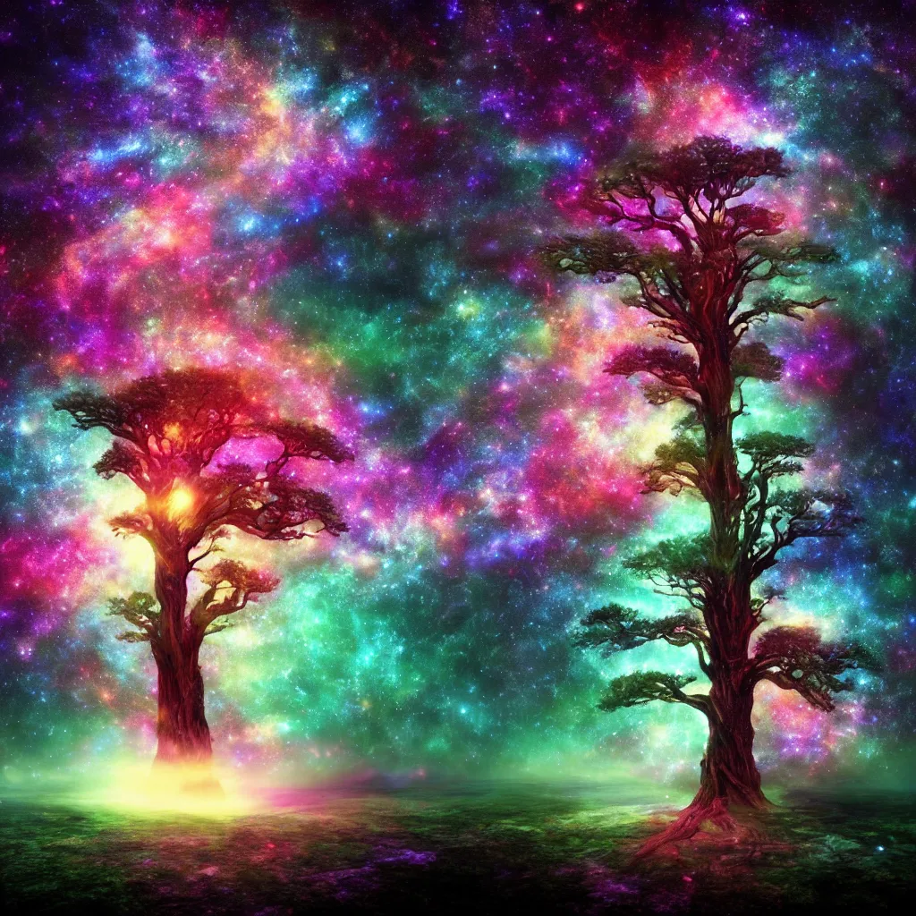 Image similar to Cosmic tree of life, trees, Tree in a galaxy made of stars, space, nebulas stars Dmt Psychedelic cosmos, cosmic, Hallucination, night sky; 8k, artstation, unreal engine, octane render, hdr, surrealistic, hyperrealism, glow, photorealistic, volumetric lighting, Dreamy, dynamic, mystical