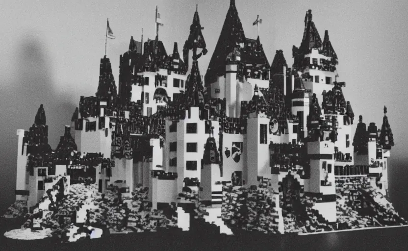 Image similar to an old black-and-white photograph of a Lego castle