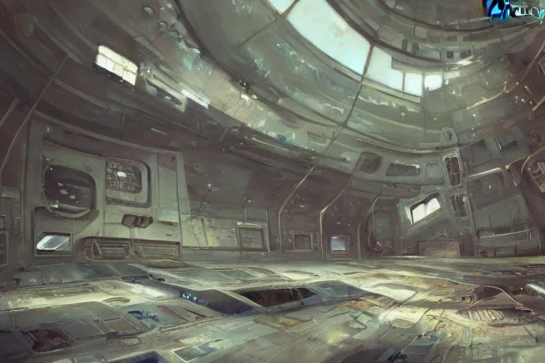 Image similar to A beautiful painting of inside in abandoned rusty space station from kindzadza, Trending on artstation.