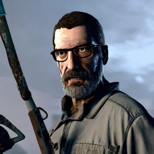 Prompt: a still of Gordon Freeman holding a crowbar in the Walking Dead, 4k, cinematic, hyperdetailed